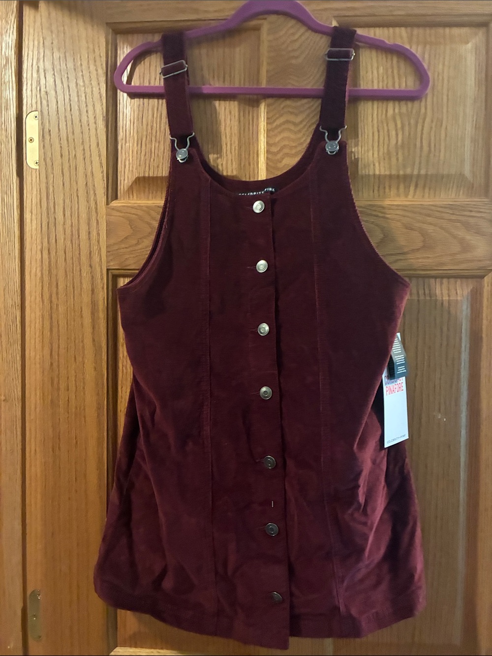 Celebrity Pink Burgundy Corduroy Button-Front Pinafore Dress